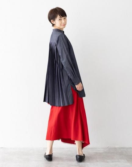 見返りプリーツロングシャツ|インディゴ