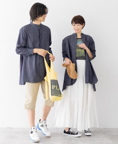 見返りプリーツロングシャツ|インディゴ