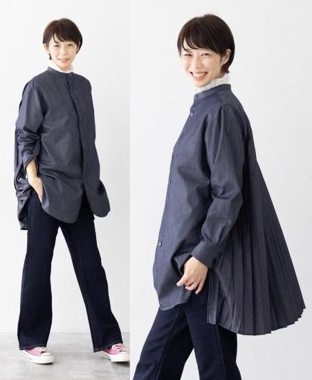 見返りプリーツロングシャツ｜インディゴ