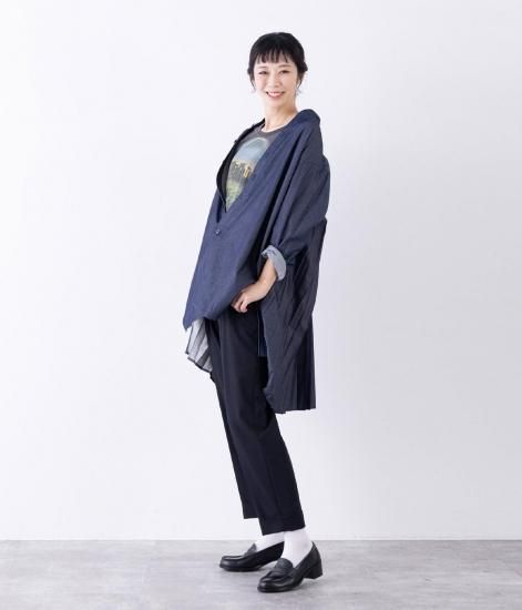 見返りプリーツロングシャツ｜インディゴ