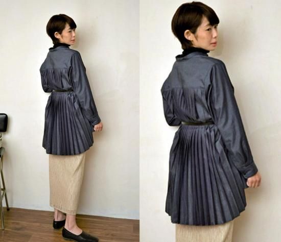 見返りプリーツロングシャツ｜インディゴ