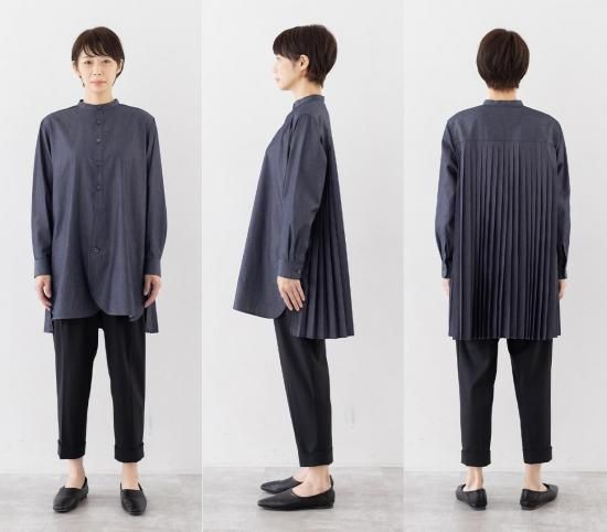 見返りプリーツロングシャツ｜インディゴ