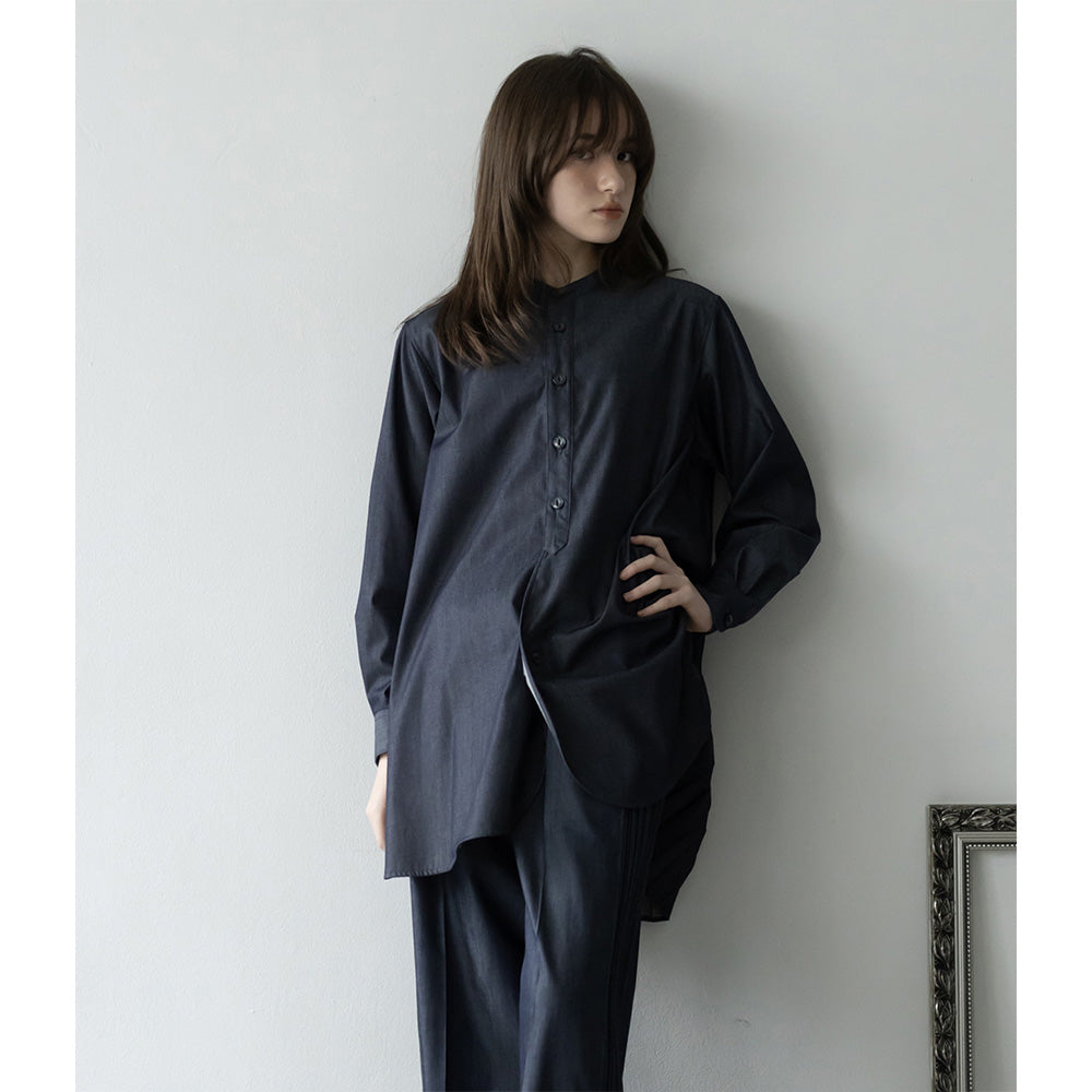 見返りプリーツロングシャツ｜インディゴ